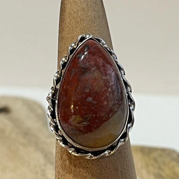 Artisan Jewelry - BRECCIATED JASPER GEMSTONE RING SIZE 6.25 STAMPED 925 SILVER PLATED